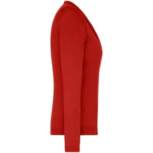 A red ladies V-neck cardigan displayed from the side, featuring long sleeves and a fitted silhouette.