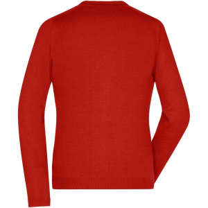A red Ladies V-Neck Cardigan with long sleeves, showcasing the back view of the garment. There is a logo present.