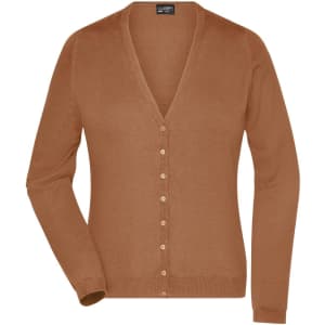 A ladies v-neck cardigan in a warm brown hue with long sleeves and a button front. It features a small logo.