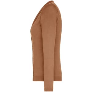 A ladies v-neck cardigan in a warm brown colour, featuring long sleeves and a fitted design.