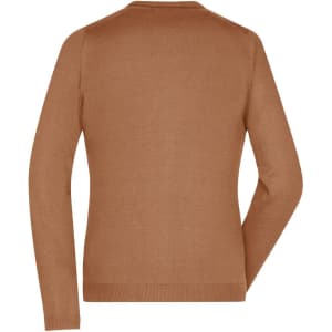 A ladies' v-neck cardigan in a warm brown colour, featuring a simple, classic design and long sleeves.