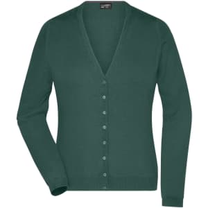 A green ladies V-neck cardigan with long sleeves and a button-up front. It features a logo on the label.