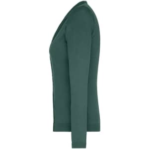 A ladies' v-neck cardigan in a deep green hue, featuring long sleeves and a fitted design. It includes a logo.