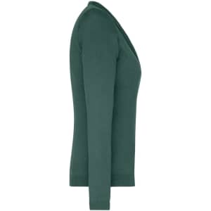 A ladies v-neck cardigan in a deep green colour, featuring a fitted design and long sleeves. It has a logo on the side.
