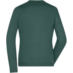 A green ladies v-neck cardigan with long sleeves and a simple design, featuring a logo.