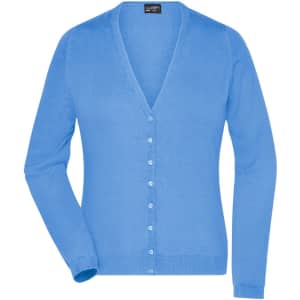 A women's blue v-neck cardigan with a button closure, featuring long sleeves and a fitted design. It has a logo.