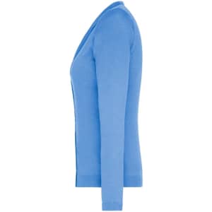 A light blue ladies V-neck cardigan with long sleeves displayed from the side. It features a simple design with a logo.