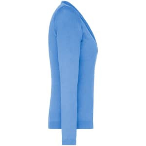 A ladies' V-neck cardigan in a light blue colour, featuring a fitted design and long sleeves. It has a logo.