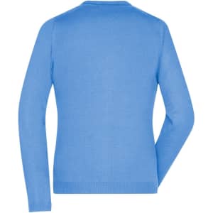 A blue ladies V-neck cardigan with long sleeves and a fitted design, featuring a logo.