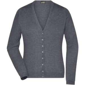 A grey ladies V-neck cardigan with a buttoned front and long sleeves, featuring a subtle branding logo.