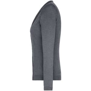 A grey ladies' v-neck cardigan with long sleeves displayed from the side, featuring a subtle logo.