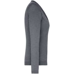 A grey ladies v-neck cardigan displayed side-on, featuring long sleeves and a simple design.