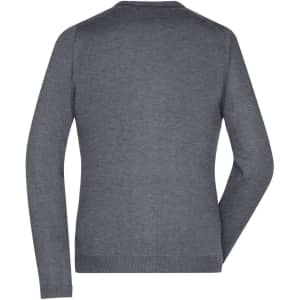 A grey ladies V-neck cardigan with long sleeves, featuring a simple design and a logo on the back.