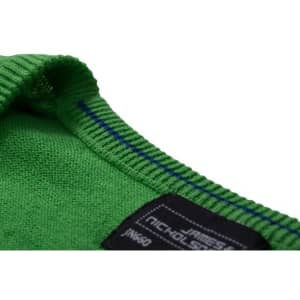 A close-up of a green ladies' V-neck cardigan with blue stitching and a tag featuring a logo.