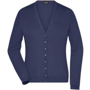 A ladies v-neck cardigan in a dark navy blue, featuring a button-up front and long sleeves. The cardigan has a logo.