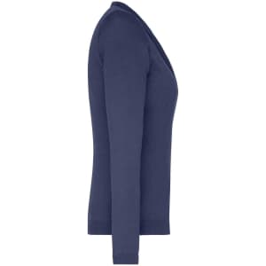 A navy ladies v-neck cardigan featuring a fitted silhouette and long sleeves, with a subtle logo.