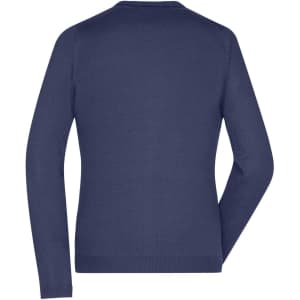 A navy ladies V-neck cardigan with long sleeves and a fitted design, featuring a branding logo.