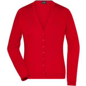 A red ladies V-neck cardigan featuring a button-up front and long sleeves. It has a subtle logo on the label.
