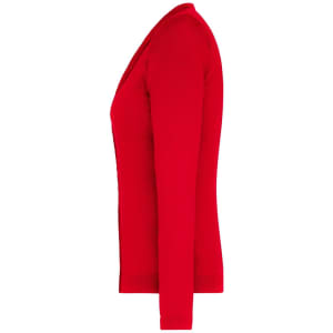 A red ladies' V-neck cardigan with long sleeves, featuring a fitted silhouette and a lightweight fabric.