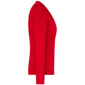 A red ladies v-neck cardigan displayed from the side, featuring long sleeves and a fitted silhouette.