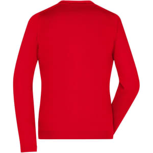 A red ladies V-neck cardigan with long sleeves, featuring a plain design and a logo.