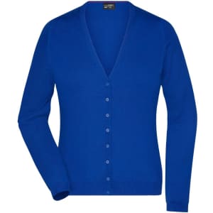 A blue ladies v-neck cardigan with long sleeves and a button-down front, featuring a logo on the label.
