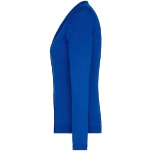 A blue ladies' V-neck cardigan displayed from the side, featuring long sleeves and a slim fit.