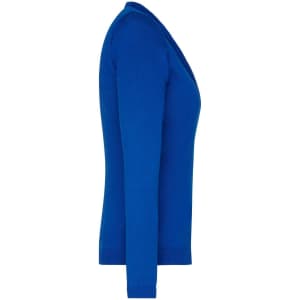A side view of a vibrant blue ladies V-neck cardigan with long sleeves. The garment has a simple design and a logo present.