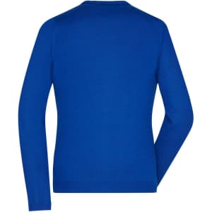 A blue ladies V-neck cardigan with long sleeves, featuring a simple back design and a logo.
