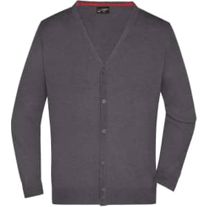 A grey men's V-neck cardigan featuring a button-down front and an inner red trim, with a logo on the label.