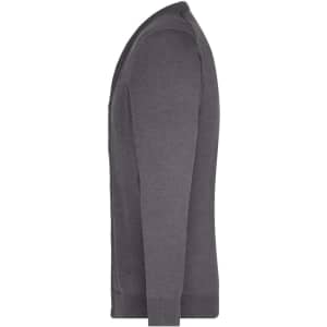 A men's v-neck cardigan in grey, featuring a button front and long sleeves. The garment has a branding logo.