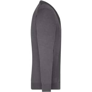 A mens v-neck cardigan in dark grey, featuring a fitted silhouette and long sleeves. It has a logo on the label.