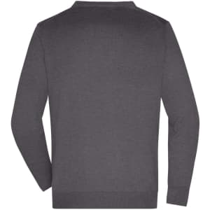 A men's v-neck cardigan in dark grey, featuring a plain design and a logo on the back.