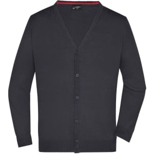 A men's v-neck cardigan in dark navy, featuring a button front and long sleeves. It includes a subtle interior red trim and has a logo.