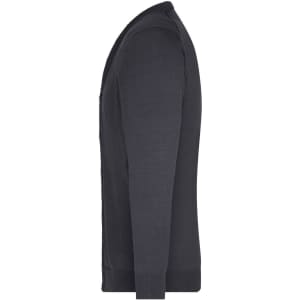 A men's v-neck cardigan in a dark navy colour, featuring long sleeves and a fitted design.