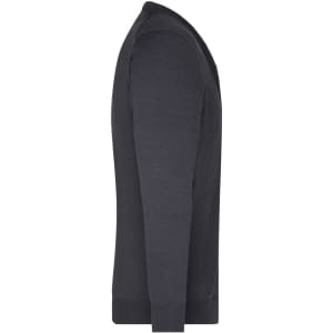 A men's V-neck cardigan in dark grey, featuring long sleeves and a fitted silhouette. Includes a logo on the garment.