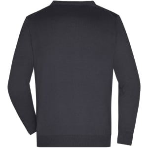 A dark navy men's V-neck cardigan with long sleeves, featuring a simple back design and a branding logo.