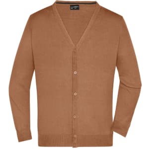 A men's v-neck cardigan in a warm brown colour, featuring a button-up front and long sleeves. It has a branding logo.