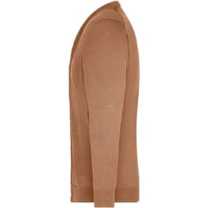 A men's v-neck cardigan in a rich brown colour, featuring a fitted silhouette and button-up front.