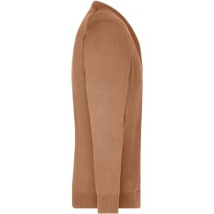 A brown men's V-neck cardigan featuring long sleeves and a fitted design, with a branding logo on the garment.