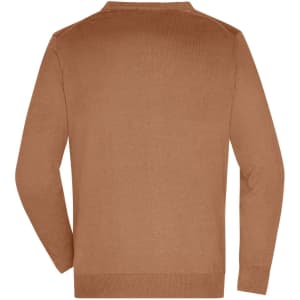 A men's v-neck cardigan in a warm brown colour, featuring a simple, classic design without embellishments.