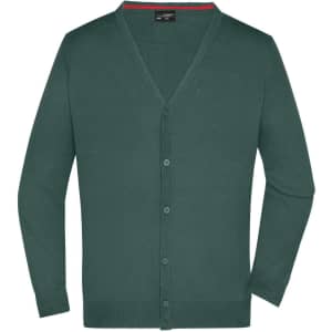A dark green men's V-neck cardigan with a button-up front and long sleeves. Features an interior red detail.