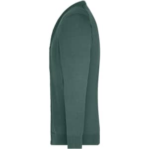 A green men's V-neck cardigan displayed from the side, featuring buttons and long sleeves. It has branding visible.