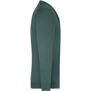 A men's v-neck cardigan in a deep green colour, featuring long sleeves and a fitted design. Includes a branding logo.