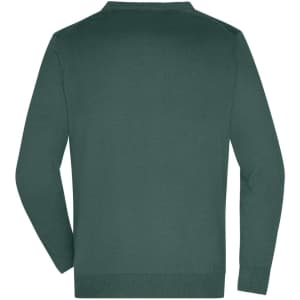 A men's v-neck cardigan in a dark green colour, featuring long sleeves and a simple design. It has a logo on the back.
