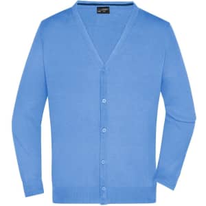 A light blue men's V-neck cardigan with button front and long sleeves. Features a logo on the label.