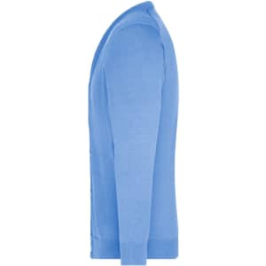 A men's v-neck cardigan in light blue, featuring a button-up front and long sleeves. It has a logo on the fabric.