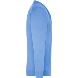 A blue men's V-neck cardigan featuring a simple design and fitted sleeves, displayed from the side.