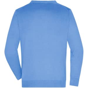 A blue men's v-neck cardigan featuring long sleeves and a plain back design. It has a branding logo.