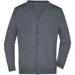 A grey men's V-neck cardigan featuring a button-up front and long sleeves. It has a logo on the label.